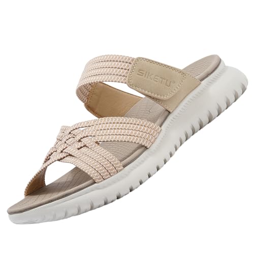 Acfoda Sandalen Damen Sommer Bequeme Pantoletten Leichte Hausschuhe Weiche Latschen Casual Schlappen Elegant Slipper Hausschlappen Sandale mit Fussbett Beige 38 von Acfoda