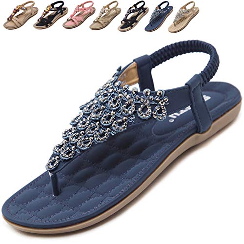 Acfoda Sandalen Damen Sommer Schuhe mit Strass Elegant Bohemia Sandaletten Flach Zehentrenner Zehensandalen Frauen Strand Leder Flip Flops Boho Blau 40 EU = Herstellergröße 41 von Acfoda