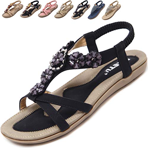 Acfoda Sandalen Damen Sommer mit Blumen Strass Flach Bohemia Strand Sandaletten Weiches Fussbett Sommerschuhe Frauen Elegant Offene Damensandalen Schwarz 44 EU = Herstellergröße 45 von Acfoda