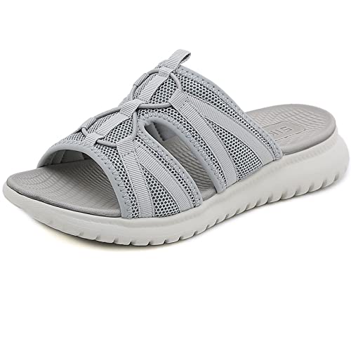 Acfoda Schiebe Sandalen Damen Sommer mit Weiches Fußbett Leicht Bequeme Orthopädische Pantoletten Slip On Hausschuhe Offene Zehen Mesh Sommerschuhe Arch Support Schlappen Flach Slipper Grau 42 von Acfoda