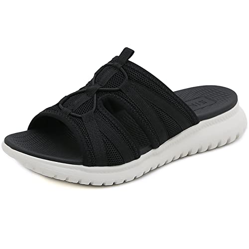 Acfoda Schiebe Sandalen Damen mit Weiches Fußbett Leicht Bequeme Orthopädische Pantoletten Slip On Hausschuhe Offene Zehen Mesh Sommer Schuhe Flach Schlappen Arch Support Slipper Schwarz 42 von Acfoda
