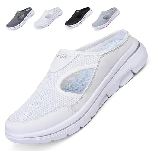 Acfoda Slip On Hausschuhe Damen Geschlossen Sandalen Slipper Leicht Pantoletten Pantoffeln Breathable Mesh Clogs Mules Outdoor Freizeit Schuhe mit EVA Dicke Sohle Weiß 38 von Acfoda