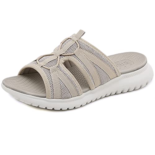 Acfoda Orthopädische Pantoletten Damen mit Fußbett Leichte Bequeme Slide Sandalen Mesh Slip On Hausschuhe Weiche Rutschfeste Sommer Schuhe Frauen Outdoor Casual Atmungsaktiv Flache Schlappen Beige 36 von Acfoda