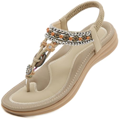 Acfoda Sommer Flache Zehentrenner Sandalen Damen mit Weiche Fußbett Elegant Bohemian Flip Flops Frauen Outdoor Freizeit Strand Schuhe Beige 42 von Acfoda