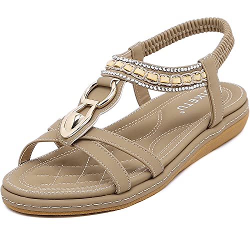 Acfoda Boho Sandalen Damen Sommer Elegant Flach Sandaletten Frauen Bequeme Offene Strass Sommerschuhe mit Weiches Fussbett Beige 36 EU von Acfoda