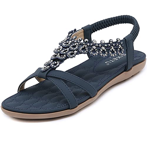 Acfoda Boho Sandalen Damen Sommer mit Weiches Fussbett Elegant Flach Sandaletten Frauen Bequeme Offene Strass Sommerschuhe PU Leder Blau 37 EU von Acfoda