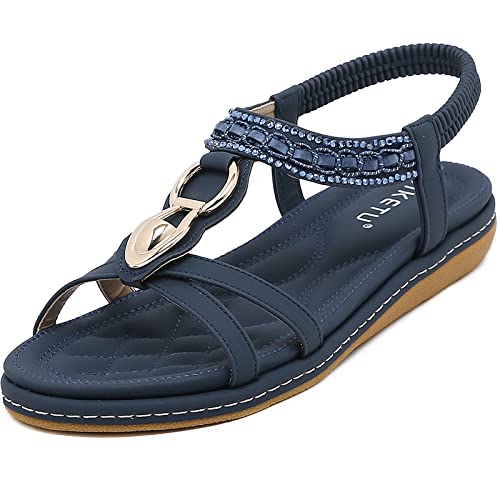 Acfoda Bohemian Sandalen Damen Sommer Flach Sandaletten Elegant Bequem Offene Sommerschuhe mit Strass und Weiches Fußbett Blau 40 EU von Acfoda