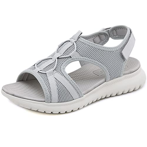 Acfoda Orthopädische Sandaletten Damen Sandalen Sommer mit Klettverschluss Leichte Bequeme Weiches Fußbett Sommerschuhe Frauen Flache Atmungsaktiv Mesh Sandale Offen Outdoor Sport Casual Grau 35 von Acfoda