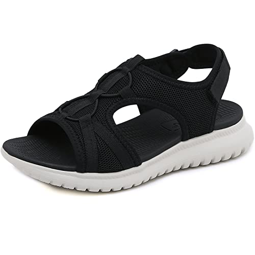 Acfoda Orthopädische Sandaletten Damen Sandalen Sommer mit Klettverschluss Leichte Bequeme Weiches Fußbett Sommerschuhe Frauen Flache Atmungsaktiv Mesh Sandale Offen Outdoor Sport Casual Schwarz 35 von Acfoda