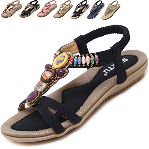 Acfoda Bohemia Sandalen Damen Sommer Schuhe Bequem Flach Elegant Strass Sandaletten Sommerschuhe Frauen Outdoor Strandschuhe Rutschfest Gummi Sohle Schwarz 40 EU = Herstellergröße 41 von Acfoda