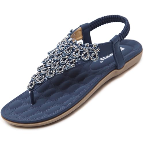 Acfoda Bohemian Sandalen Zehentrenner Damen Sommer Schuhe mit Weich Fußbett Flach Freizeit Flip Flops, 39 EU, C Blau von Acfoda