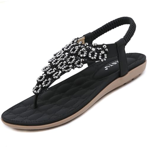 Bohemian Sandalen Zehentrenner Damen Sommer Schuhe mit Weich Fußbett Flach Freizeit Flip Flops Frauen Outdoor Beach Strand Sandaletten Schwarz 39 EU = Herstellergröße 40 von Acfoda