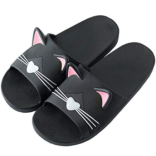 Acfoda Katzen Hausschuhe Damen Sommer Flache rutschfest Badelatschen Frauen Slide Dusch Badeschuhe Leichte Weiche, 39/40 EU, Schwarz,Herstellergrösse:40/41 von Acfoda