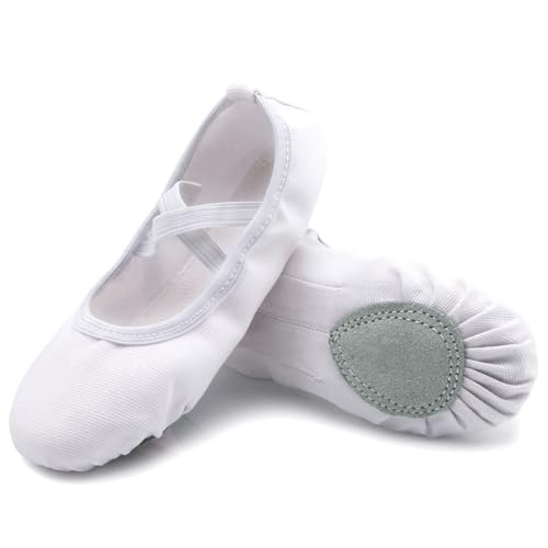 Nzcm Leinwand Ballettschuhe Mädchen mit Geteilter Ledersohle Flache Verstellbar Ballett Schläppchen Kinder Leicht Weich Ballerinas Tanz Gymnastik Schuhe, 27 EU, Weiß von Acfoda