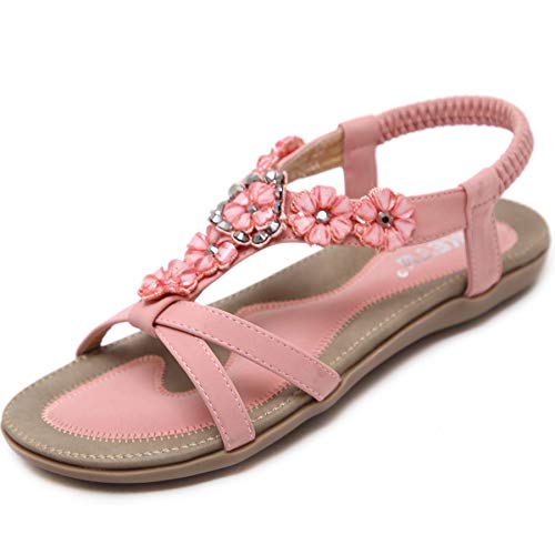 Acfoda Offene Sandalen Damen Sommer Schuhe mit Blumen Strass Flach Bohemian Sandaletten Frauen mit Weiche Fussbett Outdoor Freizeit Beach Strandschuhe Rosa 36 von Acfoda