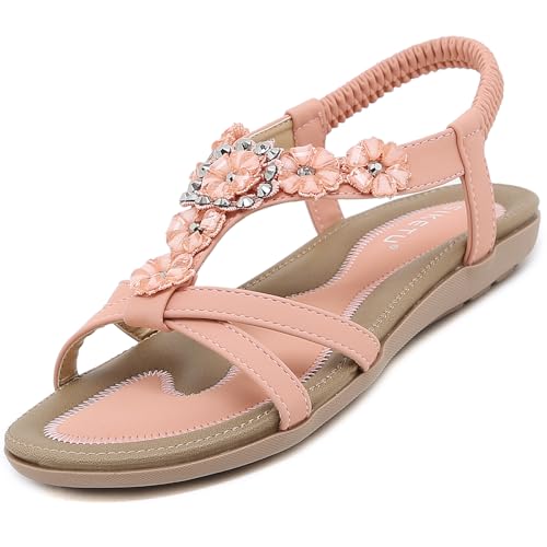 Offene Sandalen Damen Sommer mit Blumen Strass Flach Bohemian Sandaletten Frauen mit Weiche Fußbett Outdoor Freizeit Strand Schuhe Rosa 40 EU = Herstellergröße 41 von Acfoda