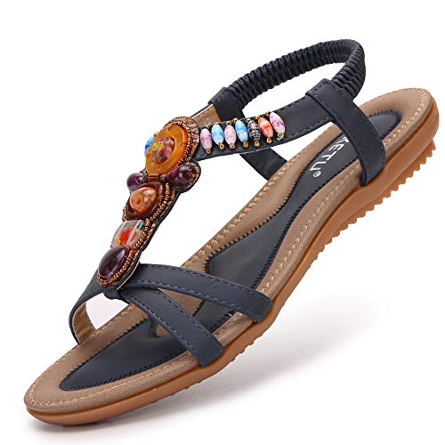 Acfoda Sandalen Damen Flach Strass Sommerschuhe Elegant Bohemian Offene Sandaletten Frauen mit Weiches Fußbett Outdoor Freizeit Beach Strand Schuhe Blau 35.5 EU = Herstellergröße 36 von Acfoda