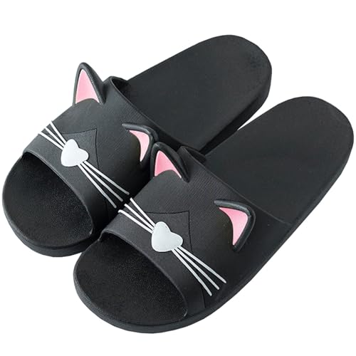 Acfoda Sommer Badelatschen Damen Hausschuhe Frauen mit Katze Slide Dusch Badeschuhe Slip On Pantoletten Slippers Flache, 35/36 EU, Schwarz,Herstellergrösse:36/37 von Acfoda