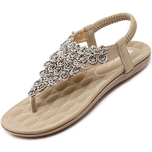 Acfoda Sommer Bohemian Zehentrenner Sandalen Damen mit Weich Fussbett Elegant Leder Flip Flops Frauen Flach Sandaletten Outdoor Freizeit Strand Schuhe Beige 36 EU = Herstellergröße 37 von Acfoda