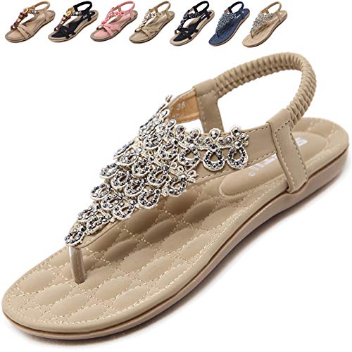 Acfoda Bohemia Zehentrenner Sandalen Damen Sommer Schuhe mit Strass Elegant Flach Sandaletten Frauen Outdoor Strand Flip Flops Boho Zehensandalen Rutschfest Beige 40 EU = Herstellergröße 41 von Acfoda
