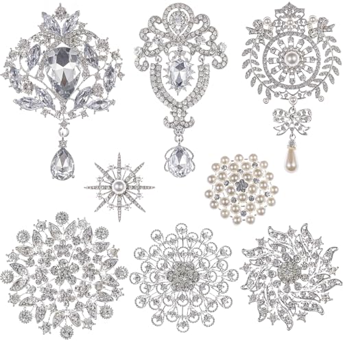 Achairder 8 Stück überzogene Kristall-Strass-Broschennadeln Set für DIY Hochzeit Party Blumensträuße Verzierung Handwerk Dekor, Metall, Perle von Achairder