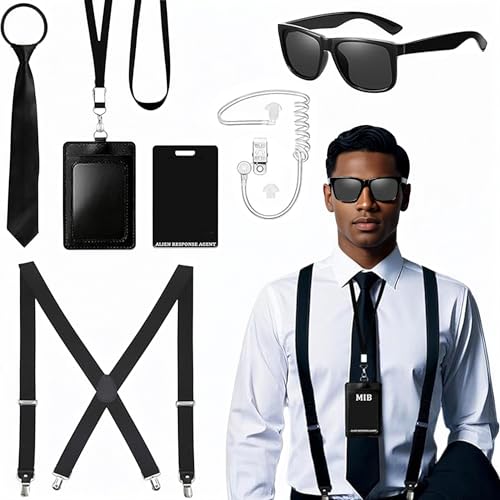 Achbeah Agent Kostüm Zubehör, Geheimdienst Kostüm Set Spion Kostüm Zubehör mit schwarzer Sonnenbrille Zip Krawatte Hörer ID Karte und Kartenhalter für Männer Frauen Kinder für Cosplay Party Dress Up von Achbeah
