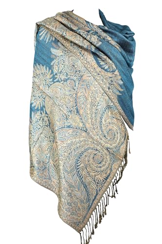 Achillea Luxuriöser, doppellagiger Jacquard-Pashmina-Schal mit großem Paisley-Muster - Blau - von Achillea