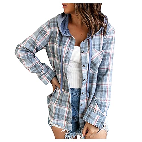 Achimlt Damen Kariertes Hemd Blusen mit Kapuze Karo Muster Overshirt Plaid Boyfriend Hemdbluse Karohemd Button-down Brusttaschen Langarm Blusenshirt Langarmshirt Hemd Kapuzenpullover (Blau, L) von DorDerHEI