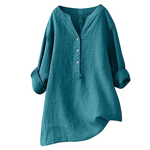 Achimlt Musselin Bluse Damen Leinenbluse Sommer Langarm Tunika Shirt Einfarbig Leinen Longshirt Große Größen Hemdbluse Elegant Blusenkleid Longbluse Tuniken Blusenshirt Locker 3/4 ärmel Damenblusen von Achimlt