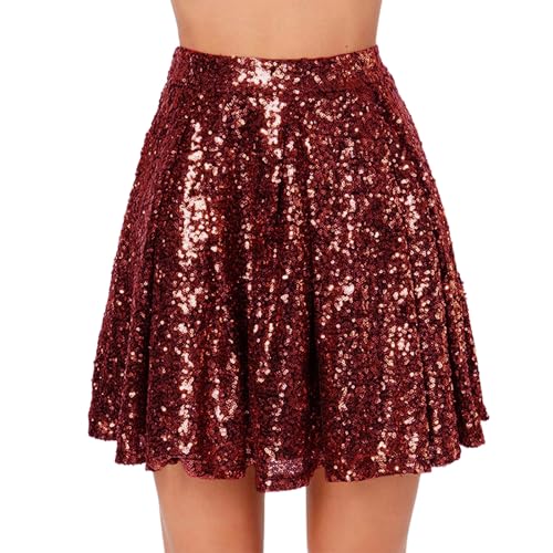Glitzer Rock Damen Pailletten Minirock mit Plissee Mini Elegant Festlich Faltenrock Goldener Rock Kurz Tanz Rock Hohe Taille Glitzer Röcke für Karneval Party von Achimlt