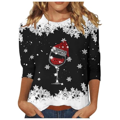 Weihnachtsbluse Damen Lustig 3D Muster Weihnachtspullover Elegant 3/4 Ärmel Rundhals Tunika Bluse Christmas Pullover Weihnachtsbaum Hemdbluse Tops Festliche Oberteile für Weihnachten Party von Achimlt