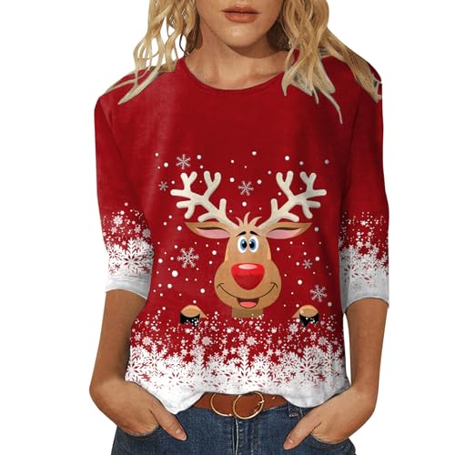 Weihnachtsbluse Damen Lustig 3D Muster Weihnachtspullover Elegant 3/4 Ärmel Rundhals Tunika Bluse Christmas Pullover Weihnachtsbaum Hemdbluse Tops Festliche Oberteile für Weihnachten Party von Achimlt