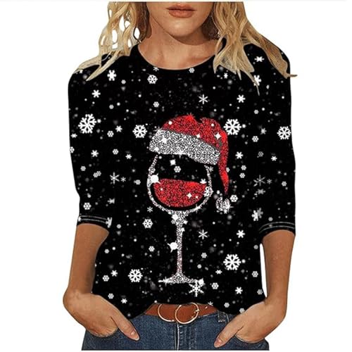 Weihnachtsbluse Damen Lustig 3D Muster Weihnachtspullover Elegant 3/4 Ärmel Rundhals Tunika Bluse Christmas Pullover Weihnachtsbaum Hemdbluse Tops Festliche Oberteile für Weihnachten Party von Achimlt