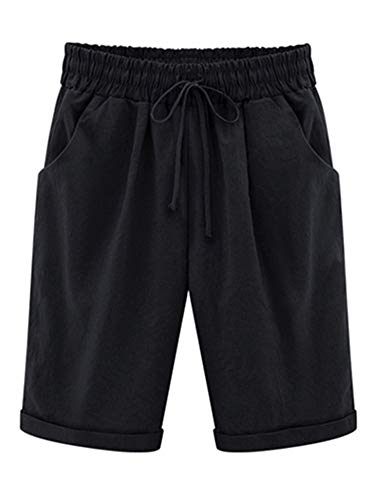 Achinel Damen Casual Baumwolle Shorts Elastische Taille Knielang Shorts Kordelzug Lose Sommer Shorts Hosen Damen Strand Bermuda Shorts, Schwarz , XX-Large von Achinel