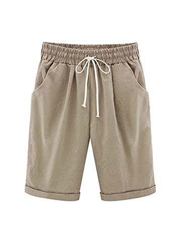 Achinel Damen Casual Baumwolle Shorts Elastische Taille Knielang Shorts Kordelzug Lose Sommer Shorts Hosen Strand Baggy Hose Gr. L, khaki von Achinel