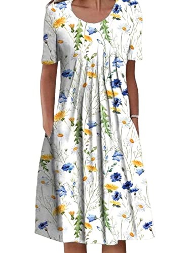 Achinel Damen Floral Print Midi Kleider Damen Rundhals Kurzarm T Shirt Kleid Sommer Sommerkleid Casual Boho Bohemian Kleid, Nein. 2 Farbe, L von Achinel