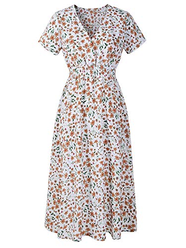 Achinel Damen Floral Printed Chiffon V-Ausschnitt Midikleid Boho Urlaub Sommer Strand Kurzarm Sundress Swing Kleid Gr. 44, weiß von Achinel