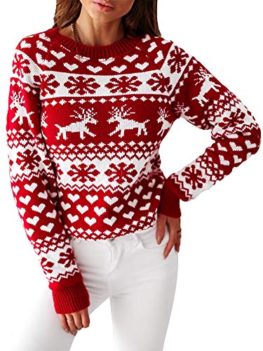 Achinel Damen Weihnachtspullover Winter Kintwear Top Xmas Schneeflocke Langarm Festlich Strickpullover, Rote Schneeflocke Elch, L von Achinel