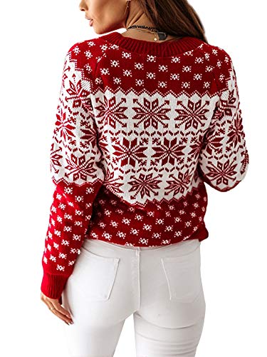 Achinel Damen Weihnachtspullover Winter Kintwear Top Xmas Schneeflocke Langarm Festlich Strickpullover, Weiß Rot Schneeflocke, S von Achinel