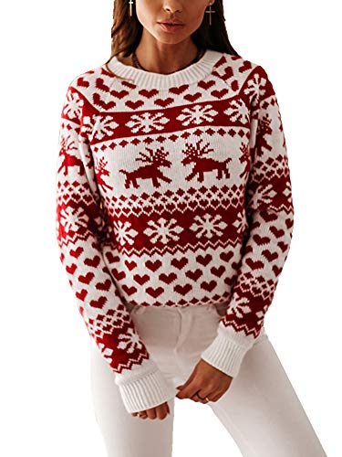 Achinel Damen Weihnachtspullover Winter Kintwear Top Xmas Schneeflocke Langarm Festlich Strickpullover, Weiße Schneeflocke Elch, S von Achinel