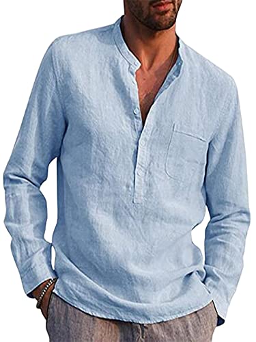 Achinel Herren Baumwolle Leinen Top Langarm Hemden Stehkragen Knopfleiste Bluse Casual Tunika Tasche, hellblau, XL von Achinel