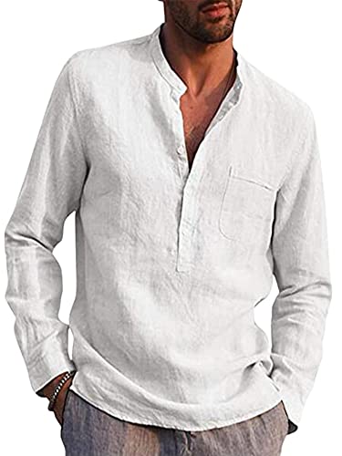 Achinel Herren Baumwolle Leinen Top Langarm Hemden Stehkragen Knopfleiste Bluse Casual Tunika Tasche, weiß, 3XL von Achinel