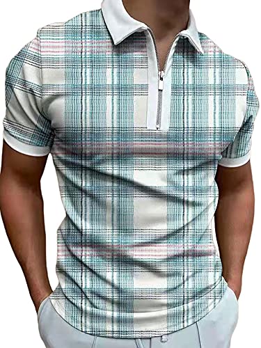 Achinel Herren Polo-Shirts mit Reißverschluss, bedruckt, kurzärmelig, Golf-Tennis-T-Shirt, lässiges Revers, Hellblau / Weiß, L von Achinel