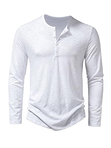 Achinel Tshirt Henley Baumwolle Hemd Langarmshirt Basic Longshirt Longsleeve T-Shirt für Männer Regular Fit Hemd Langarm Weiß L von Achinel