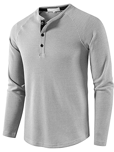 Achinel Tshirt Henley Hemd Langarmshirt Knopf Longshirt Waffle Longsleeve T-Shirt für Männer Regular Fit Hemd Langarm Hellgrau XL von Achinel