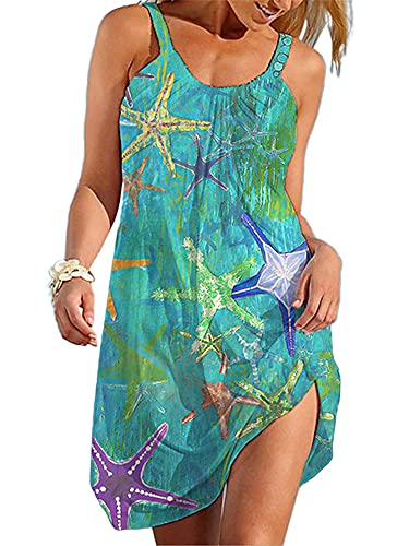 Damen Strand Minikleid Sommer Ärmellos Trägerkleider Bikini Badeanzug Cover Up Kleid Baggy Beachwear Party Urlaub Sommerkleid, Grüner Stern, 54 von Achinel