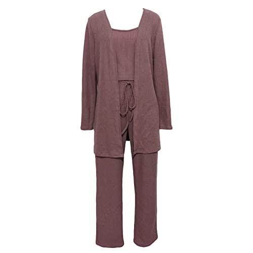 Achlibe 3-teiliges Lounge-Set für Damen, Pyjama-Set, Cami, bauchfreies Top, Hose, Cardigan, Loungewear, Nachtwäsche, dunkelviolett, 42 von Achlibe