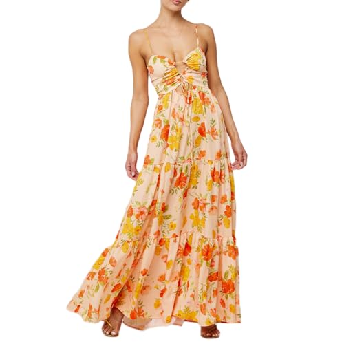 Achlibe Ärmelloses Maxikleid für Damen, Boho-Blumendruck, fließendes langes Kleid, Kreuzbindung, vorne ausgehöhlt, A-Linie Kleid, A-Orange, S von Achlibe
