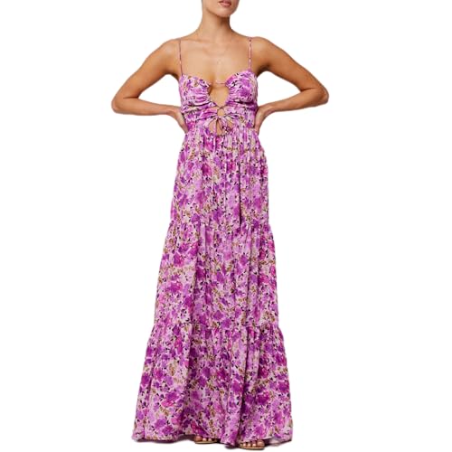 Achlibe Ärmelloses Maxikleid für Damen, Boho-Blumendruck, fließendes langes Kleid, Kreuzbindung, vorne ausgehöhlt, A-Linie Kleid, A-a-lila, Medium von Achlibe