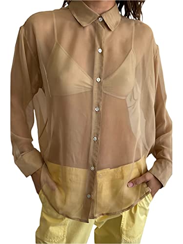 Achlibe Damen-Bluse mit Reverskragen, langärmelig, Button-Down, durchsichtig, locker, durchsichtiges Shirt, khaki, Large von Achlibe